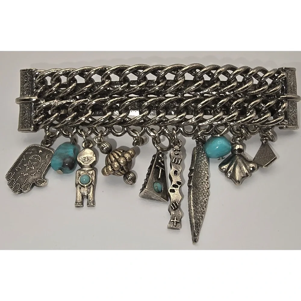 Vintage Hair Clip Barrette Silver Tone With Dangle Charms‎ And Teal Stones -534